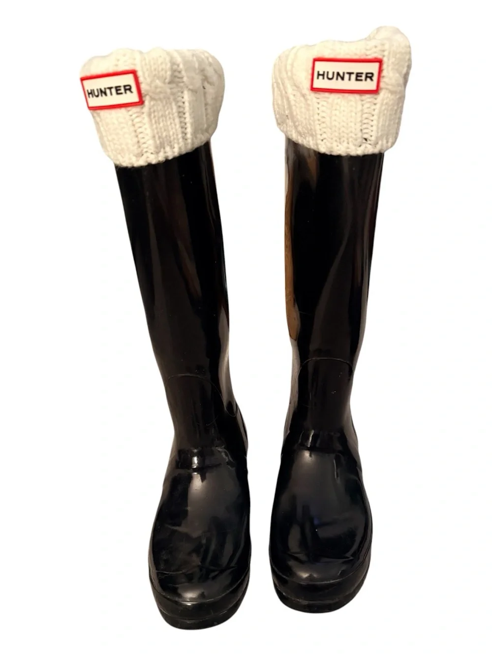 Hunter glossy tall black boots w/ cream sock insert. Collegiate waterproof cozy